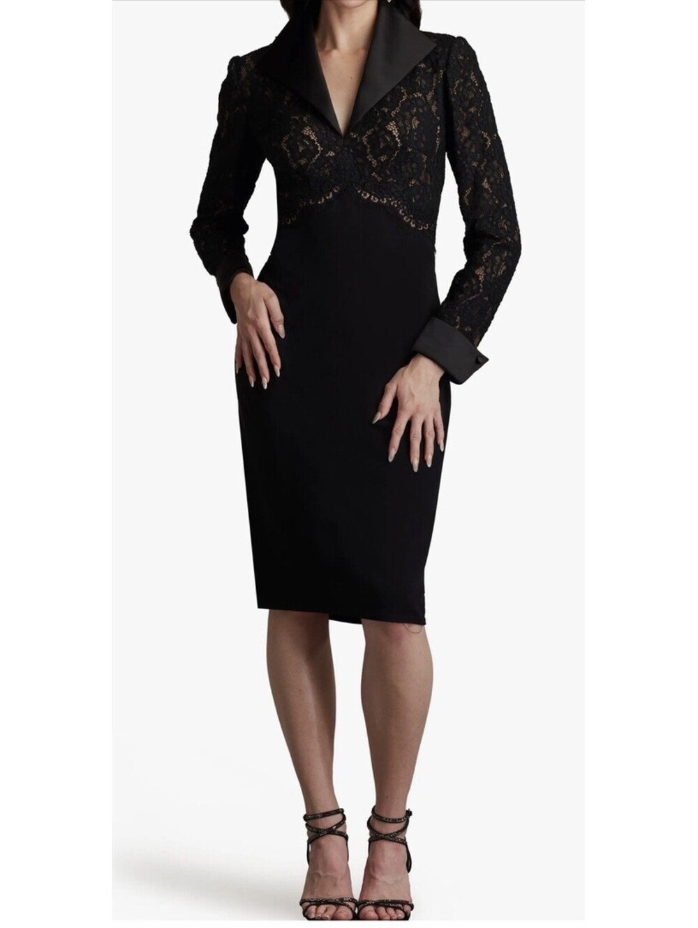 New Tadashi Shoji Long Sleeve Lace & Crepe Dress In Black Size 4 $358